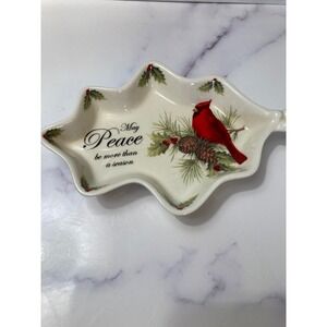 Cracker Barrel Holiday Garden Cardinal Holly Leaf Candy Dish Christmas Peace